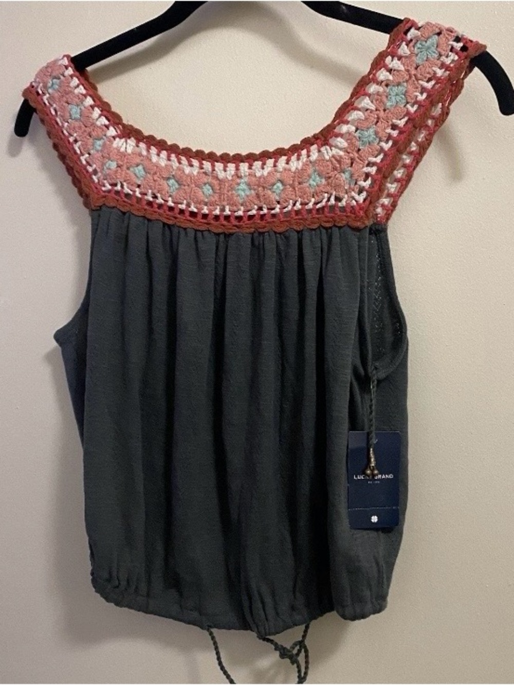 Lucky Brand Womens Bubble Tank Top XS 34” Dark Gray Crochet Boho Trim NWT New